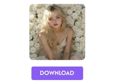 AI Image Blender Result: Blended Portrait with White Roses Background, Download Button Shown